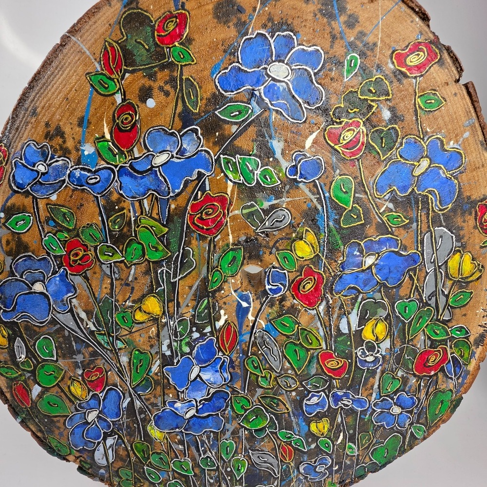 Tamela Blessed Wagner Signed Wood Slice Wildflower Folk Art Painting - Picture 2 of 8